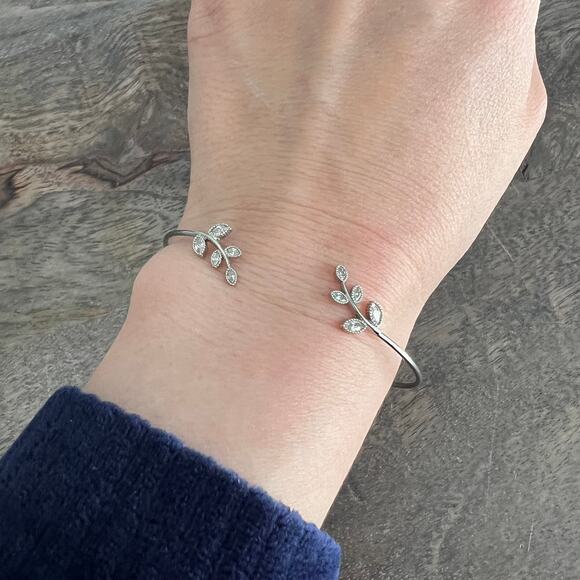 Thin elegant silver tone rhinestone studded leaf design cuff bracelet - Picture 3 of 4